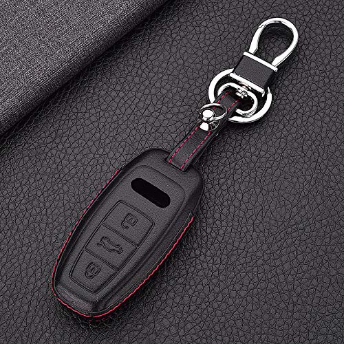 Royalfox 3 Buttons genuine leather smart keyless entry Remote Key Fob case Cover with Keychain for 2019 2020 2021 Audi A6 A6L A7 A8 (black)