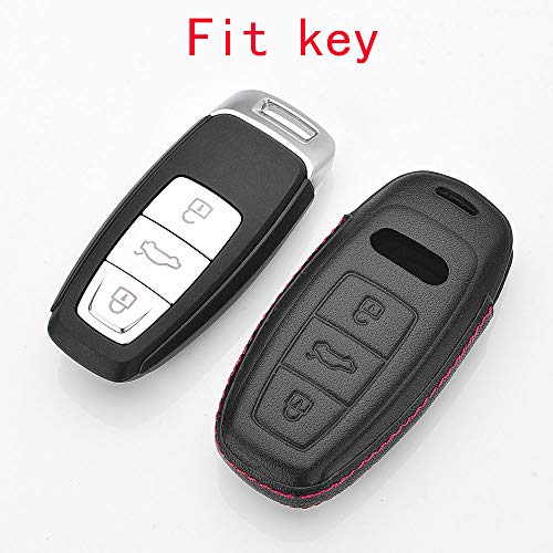 Royalfox 3 Buttons genuine leather smart keyless entry Remote Key Fob case Cover with Keychain for 2019 2020 2021 Audi A6 A6L A7 A8 (black)