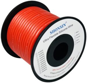 shonsin 10 gauge silicone wire spool 50ft red, extremely flexible 10 awg automotive wire, 1050 * 0.08mm tinned stranded copper (5.3mm2) high temp 392℉/200℃ rating 46 amp 600v