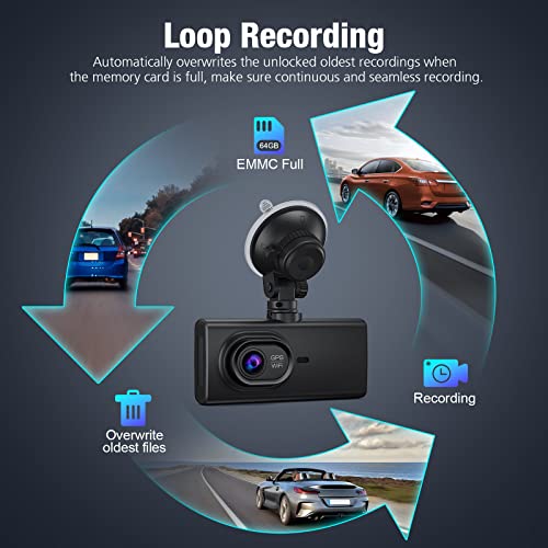 Sarmert 4K 3 Channel Dash Cam Built-in WiFi&GPS, 4” IPS Touch Screen Car Camera, Dash Cam with IR Night Vision, 64GB EMMC Car Dashboard Camera Recorder with Parking Mode, G-Sensor, Loop Recording