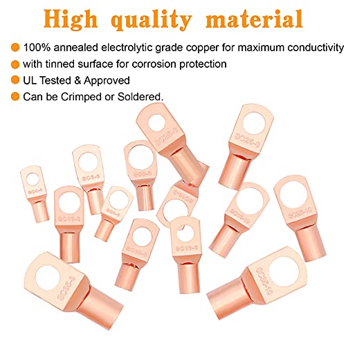 174pcs Copper Battery Cable Ends 14 Sizes Battery Wire Lugs Eyelets Tubular Ring Terminal Connectors SC Terminals for Automotive Supplies AWG2/4/6/8/10/12