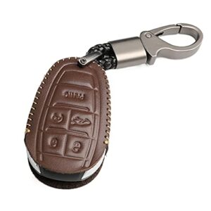 wfmj leather for alfa romeo giulia 4c spider stelvio 2017-2022 remote smart 5 buttons key fob case cover keychain chain (brown)