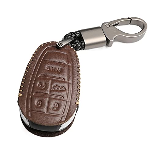 WFMJ Leather for Alfa Romeo Giulia 4C Spider Stelvio 2017-2022 Remote Smart 5 Buttons Key Fob Case Cover Keychain Chain (Brown)