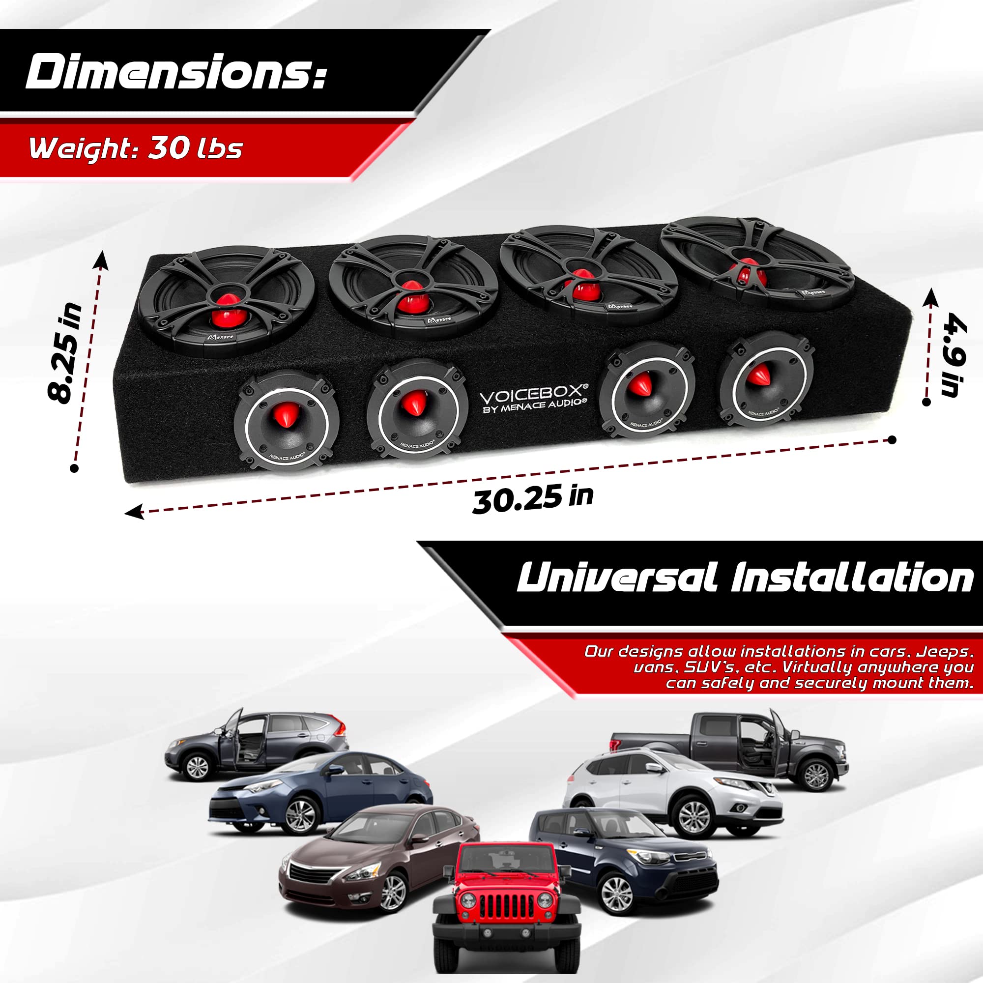 Car Audio Midrange Enclosure 4 x 6.5 2000Watts VOICEBOX® by Menace Audio® (MA-VB6525-4R) RED