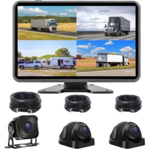 backup camera system with 10.1’’ ips monitor for truck rv bus trailer,touch screen, with rear side view camera, 3 ahd camera, 4 split screen, ip68 waterproof, night vision, easy installation,1080p