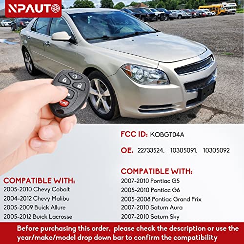 NPAUTO 2Pcs Key Fob Replacement for Chevy Malibu 04-12 Cobalt 05-10, Pontiac G5 G6 Grand Prix, Buick Allure Lacrosse, Saturn Aura Sky Keyless Entry Remote Start Control Key Fobs 22733524, KOBGT04A