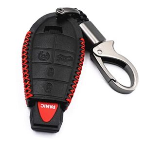 mjkeyauto black leather 5 buttons smart remote key fob cover chain case for chrysler 300 dodge challenger charger durango magnum jeep grand cherokee m3n5wy783x iyz-c01c