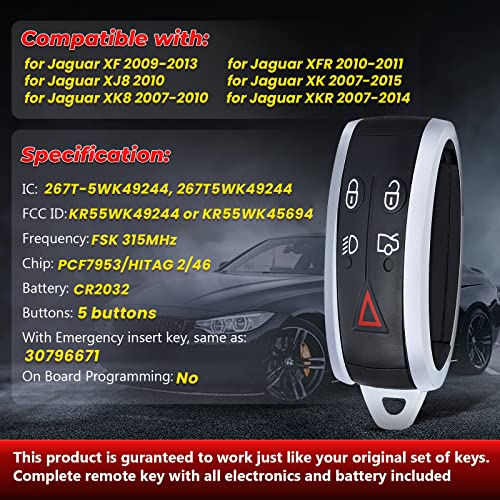 Aichiyu Keyless Entry Smart Remote Key Fob Replacement for Jaguar XF XFR XJ8 XK XK8 XKR 2007 2008 2009 2010 2011 2012 2013 2014 2015 FCC ID: KR55WK49244 KR55WK45694 315Mhz PCF7953 Chip