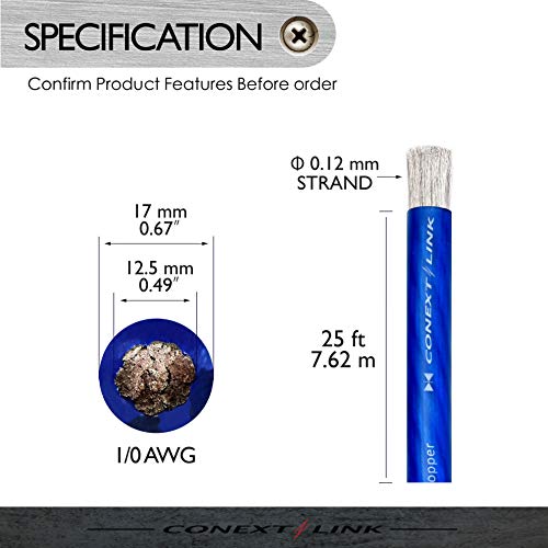 Conext Link 25 FT 1/0 AWG 0 GA Full Gauge Battery Power Cable Ground Wire Frost Blue OFC Copper （10046）