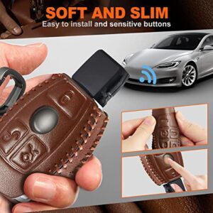 Slohif for Benz Key Fob Cover Keychain Accessories for Mercedes A C E S Class GLK CLA GLA GLC GLE CLS SLK AMG E260l C200l 3 Buttons, Leather Case+D-Ring+Hook(Brown)