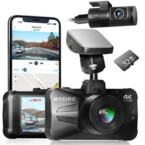 masigo dash cam front and rear with app, true 4k/2.5k full hd dash camera for car, built-in 5g wifi gps, super night vision, hdr, 24h parking mode, supercapacitor, support 256gb max, free 32gb sd card