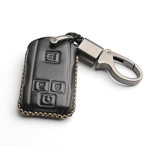 WFMJ Leather for GMC Sierra Yukon Chevrolet Silverado Colorado Cadillac Remote Smart 4 Buttons Key Case Cover Fob Chain (Black)