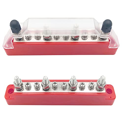 ROYFACC Bus Bar Power Distribution Block 4 x 1/4" Studs 6 x M4 Screw Terminal Block with Cover 150 Amp Rating for Car Boat Marine Caravan RV (Black + Red)