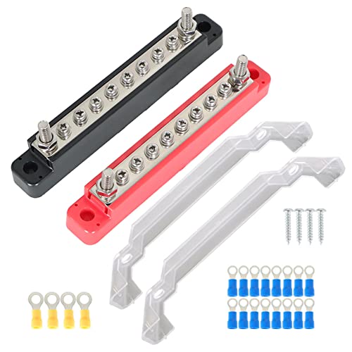 labwork Power Distribution Terminal Block with Cover with 2 x M6 Terminal Studs and 8 x M4 Terminal Screws Battery Bus Bar Replacement for Car Boat Marine Bus Bar Set of 2 (Red+Black)