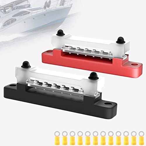 PSEQT 6 Terminal Bus Bar Ground Power Distribution Terminal Block Bus Bar with Cover for Auto Marine Car Pickup Trailer RV Boat - Red & Black 2Pcs