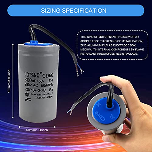 300UF CD60 Motor Start Capacitor with Wire Cable, 250V AC 50/60HZ Cylindrical Capacitor for Motor Start, Washing Machines, Air Conditioners and Water Pumps