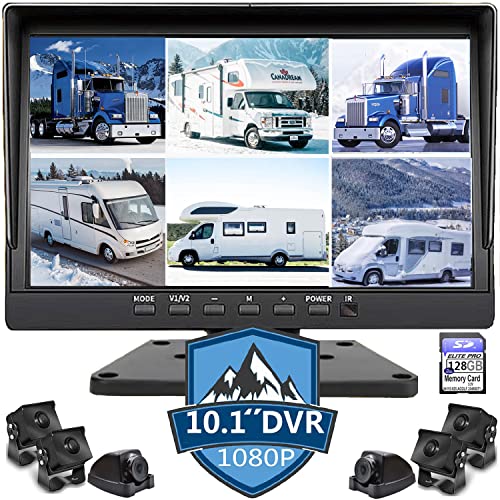 128GB 6 Split Large Screen 10.1 inch 1080P Backup Camera Monitor & Built-in DVR Recorder for RV Truck Trailer Rear Side Front Reversing View Wired System Image Waterproof Avoid Blind Spot