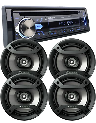 Package 2 Pairs of Pioneer TS-F1634R 6.5" Peak 200W 2-Way Speakers + Audiotek AT-980BT AM/FM/MP3 Playable w/ Bluetooth/USB/AUX/SD/CD Car Stereo Receiver