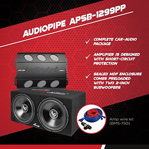 Audiopipe APSB-1299PP Dual 12 Inch Car Audio Subwoofer Speakers and Sealed Enclosure, 2 Channel 500 Watt Amplifier, and Wire Installation Kit