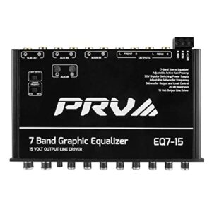 PRV AUDIO EQ7-15 7 Band Graphic Equalizer 15 Volt RCA Line-Level Output with Fader and Subwoofer Level Control for Car Audio