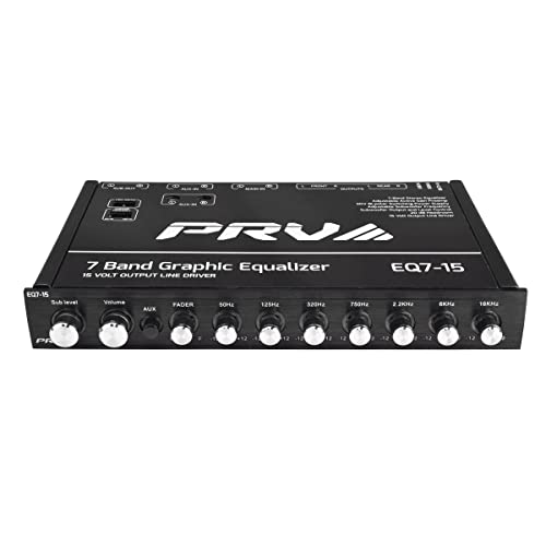 PRV AUDIO EQ7-15 7 Band Graphic Equalizer 15 Volt RCA Line-Level Output with Fader and Subwoofer Level Control for Car Audio