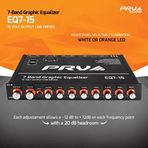 PRV AUDIO EQ7-15 7 Band Graphic Equalizer 15 Volt RCA Line-Level Output with Fader and Subwoofer Level Control for Car Audio