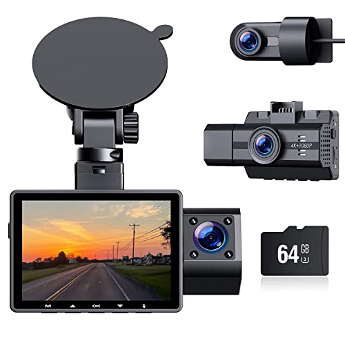 3 Channel 4K Dash Cam Front and Rear Inside with 64GB SD Card, 4K+1080P Dash Camera Front and Inside, Triple Car Camera 2K+1080P+1080P with IR Night Vision, WDR, 170°Wide Angle, Parking Monitor