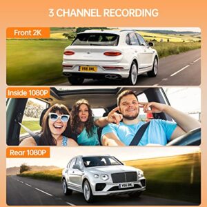 3 Channel 4K Dash Cam Front and Rear Inside with 64GB SD Card, 4K+1080P Dash Camera Front and Inside, Triple Car Camera 2K+1080P+1080P with IR Night Vision, WDR, 170°Wide Angle, Parking Monitor