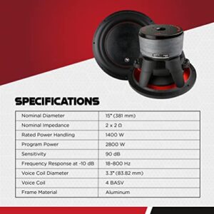 AudioPipe TXX-BDC4-15D 15 Inch 2,800 Watt High Performance Powerful Dual 2 Ohm DVC Vehicle Car Audio Subwoofer Speaker System, Black