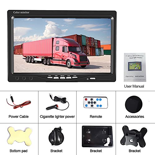 Hikity 7 inch Vehicle Backup Camera Monitor only, Quad Split HD LCD Display Screen, Car Monitor for SUV Van RV Truck, V1/V2/V3/V4 Video Input, 9V/36V + Headrest Mounting Bracket & Dash Stand