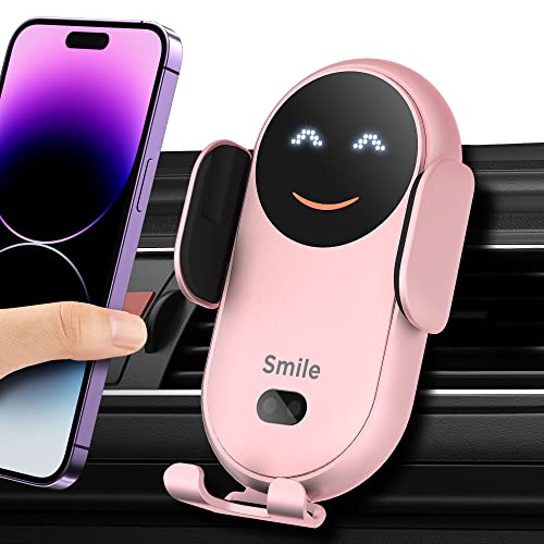 Upgraded Wireless Car Charger Mount, BENBOAR 15W Fast Charging Car Phone Holder Mount, [Smile] Cute Smart Auto-Sensing Phone Holder Car Air Vent Stand for iPhone Samsung Google LG etc Smartphones,Pink