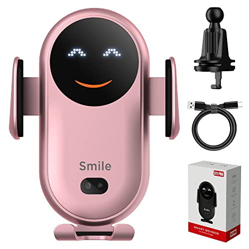 Upgraded Wireless Car Charger Mount, BENBOAR 15W Fast Charging Car Phone Holder Mount, [Smile] Cute Smart Auto-Sensing Phone Holder Car Air Vent Stand for iPhone Samsung Google LG etc Smartphones,Pink