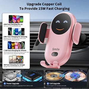 Upgraded Wireless Car Charger Mount, BENBOAR 15W Fast Charging Car Phone Holder Mount, [Smile] Cute Smart Auto-Sensing Phone Holder Car Air Vent Stand for iPhone Samsung Google LG etc Smartphones,Pink