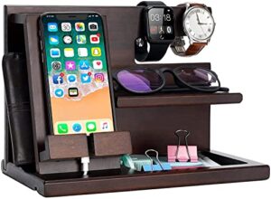 zormy wood phone docking station, nightstand and watch organizer ash key holder wallet, wooden bedside stand for cellphone, ring, wallet, pen, coin for men husband anniversary dad birthday
