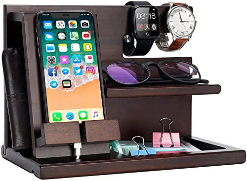 ZORMY Wood Phone Docking Station, Nightstand and Watch Organizer Ash Key Holder Wallet, Wooden Bedside Stand for Cellphone, Ring, Wallet, Pen, Coin for Men Husband Anniversary Dad Birthday