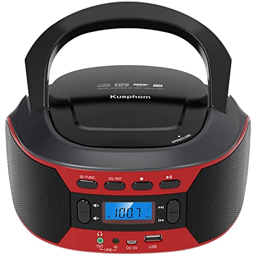 Kuephom CD Player Boombox:Bluetooth CD Player with Speakers Stereo,Radio CD Players for Home with USB and AUX,Portable Enabled with Batteries,FM Manual Tuning LCD Display with Backlight.