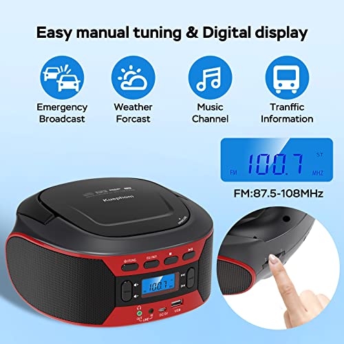 Kuephom CD Player Boombox:Bluetooth CD Player with Speakers Stereo,Radio CD Players for Home with USB and AUX,Portable Enabled with Batteries,FM Manual Tuning LCD Display with Backlight.