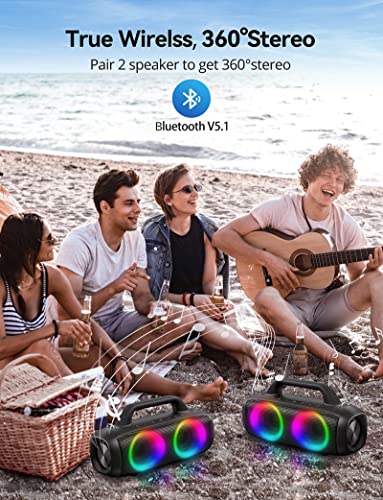 Uoudio 80W Bluetooth Speakers, IP67 Waterproof Wireless Speakers with RGB Lights, Rich Bass, 360° Stereo Sound, Built-in Mic Port, 12H Playtime, Portable Outdoor Speakers for Party Travel Beach