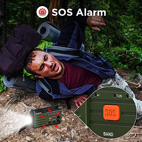 Ainostone Emergency Radio 5000mAh Portable NOAA Weather Radio AM/FM Power Bank with Solar Panel Hand Crank Battery Powered Flashlight Reading Lamp SOS Alarm for Camping Hurricane Storm Outdoor Home