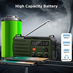 Ainostone Emergency Radio 5000mAh Portable NOAA Weather Radio AM/FM Power Bank with Solar Panel Hand Crank Battery Powered Flashlight Reading Lamp SOS Alarm for Camping Hurricane Storm Outdoor Home