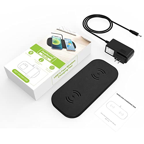 ZealSound Dual Fast Wireless Charger,15W Max Wireless Charging Pad with DC Adapter for Multiple Devices,PU Leather Charging Mat Charge Station for Phones Smartphones New AirPod Pro Galaxy Buds(Black)