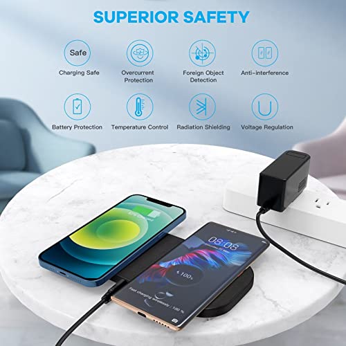 ZealSound Dual Fast Wireless Charger,15W Max Wireless Charging Pad with DC Adapter for Multiple Devices,PU Leather Charging Mat Charge Station for Phones Smartphones New AirPod Pro Galaxy Buds(Black)