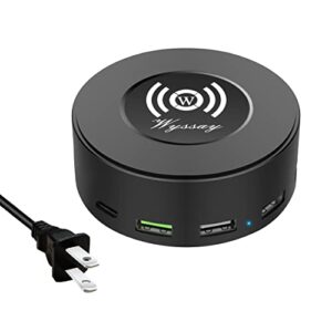 wyssay 75w 6-port usb charger desktop charging station(type-c, quick charge 3.0 and 4 usb ports) with wireless charger,multi usb charger hub for smartphone and more black