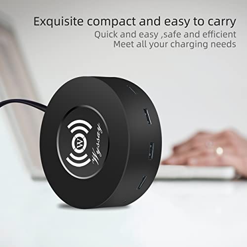 Wyssay 75W 6-Port USB Charger Desktop Charging Station(Type-C, Quick Charge 3.0 and 4 USB Ports) with Wireless Charger,Multi USB Charger Hub for Smartphone and More Black