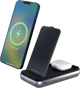 satechi duo wireless charger stand & 10000 mah power bank – portable charger power bank – 3 in 1 wireless charging stand – for iphones 14/13/12/11/x/8, airpods pro & airpods gen 3/2, m2/m1 ipad & more