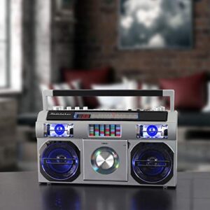 Studebaker SB2149S Master Blaster Bluetooth Boombox with 3 Way Power, AM/FM Radio, USB Port, CD Player with MP3 Playback, LED EQ and 10 Watts RMS Power in Silver