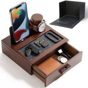 nightstand organizer for men – wood phone docking station to charge your phone and organize your watch & accessories – wood charging station with lined tray & drawer – mens docking station organizer