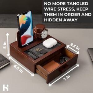 Nightstand Organizer For Men - Wood Phone Docking Station to Charge Your Phone and Organize Your Watch & Accessories - Wood Charging Station with Lined Tray & Drawer - Mens Docking Station Organizer