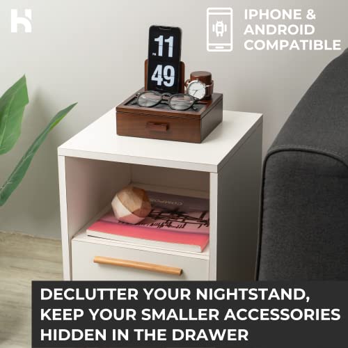 Nightstand Organizer For Men - Wood Phone Docking Station to Charge Your Phone and Organize Your Watch & Accessories - Wood Charging Station with Lined Tray & Drawer - Mens Docking Station Organizer