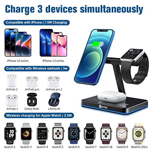 WAITIEE 3 in 1 Magnetic Wireless Charging Station Charger Compatible with iPhone 14/Pro/Plus/Pro Max/13/12,iWatch 6/5,AirPods Pro QC 3.0 Adapter